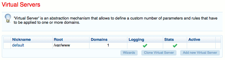 Virtual servers listing in Cherokee admin panel on Ubuntu 10.04 LTS