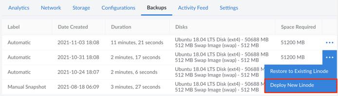Click on the ellipsis menu icon to restore to a new Linode
